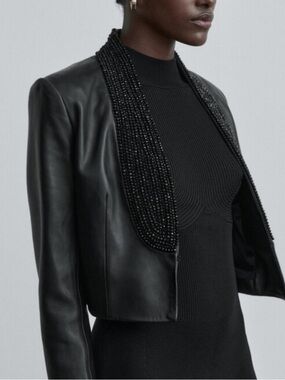 Massimo Dutti Studio Black Genuine Leather Blazer Jacket w Embellished Lapels M
